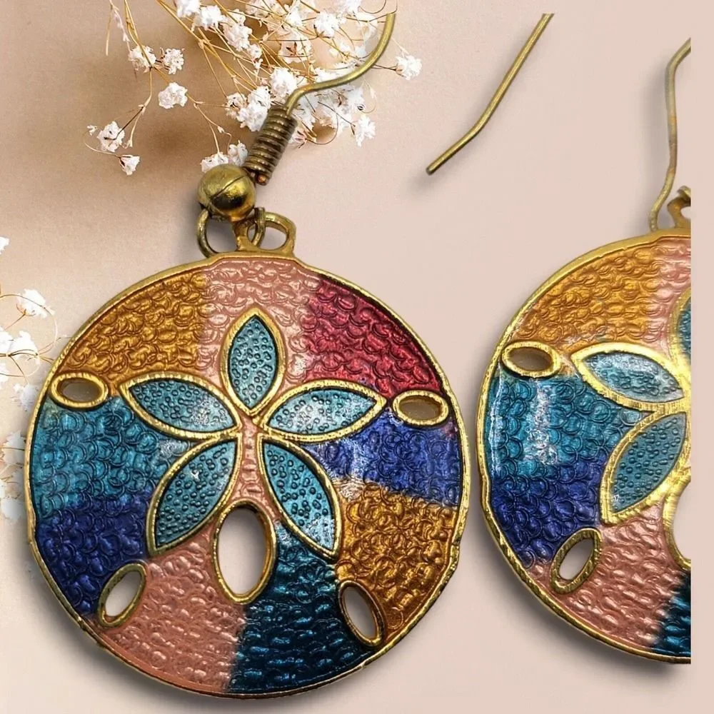 Vintage Cloisonne Hand Painted Enamel Brass Earrings Pierced Dangle Sand Dollars